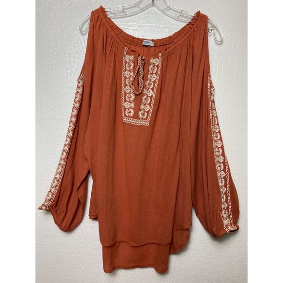 Kensie Jeans XL Boho Rust Peasant Cold Shoulder Top Blouse Embroidered Casual - Picture 1 of 4